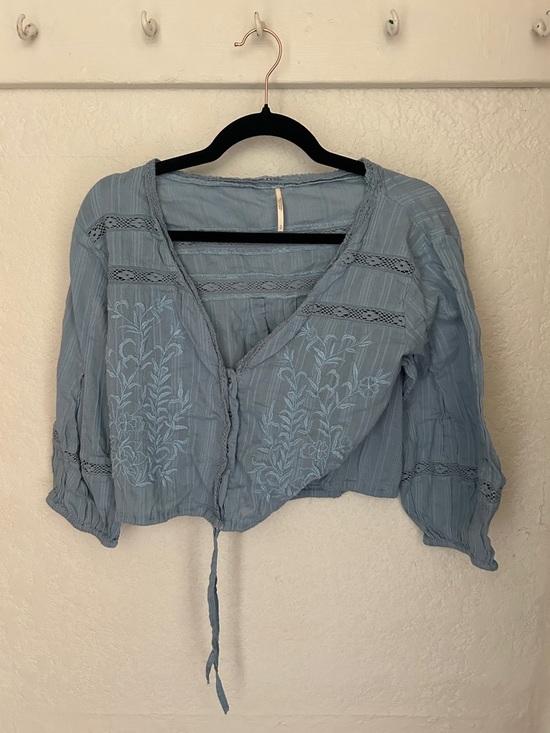 Free People Tops - Free People Dusty Blue Embroidered Tie-Front Tunic
